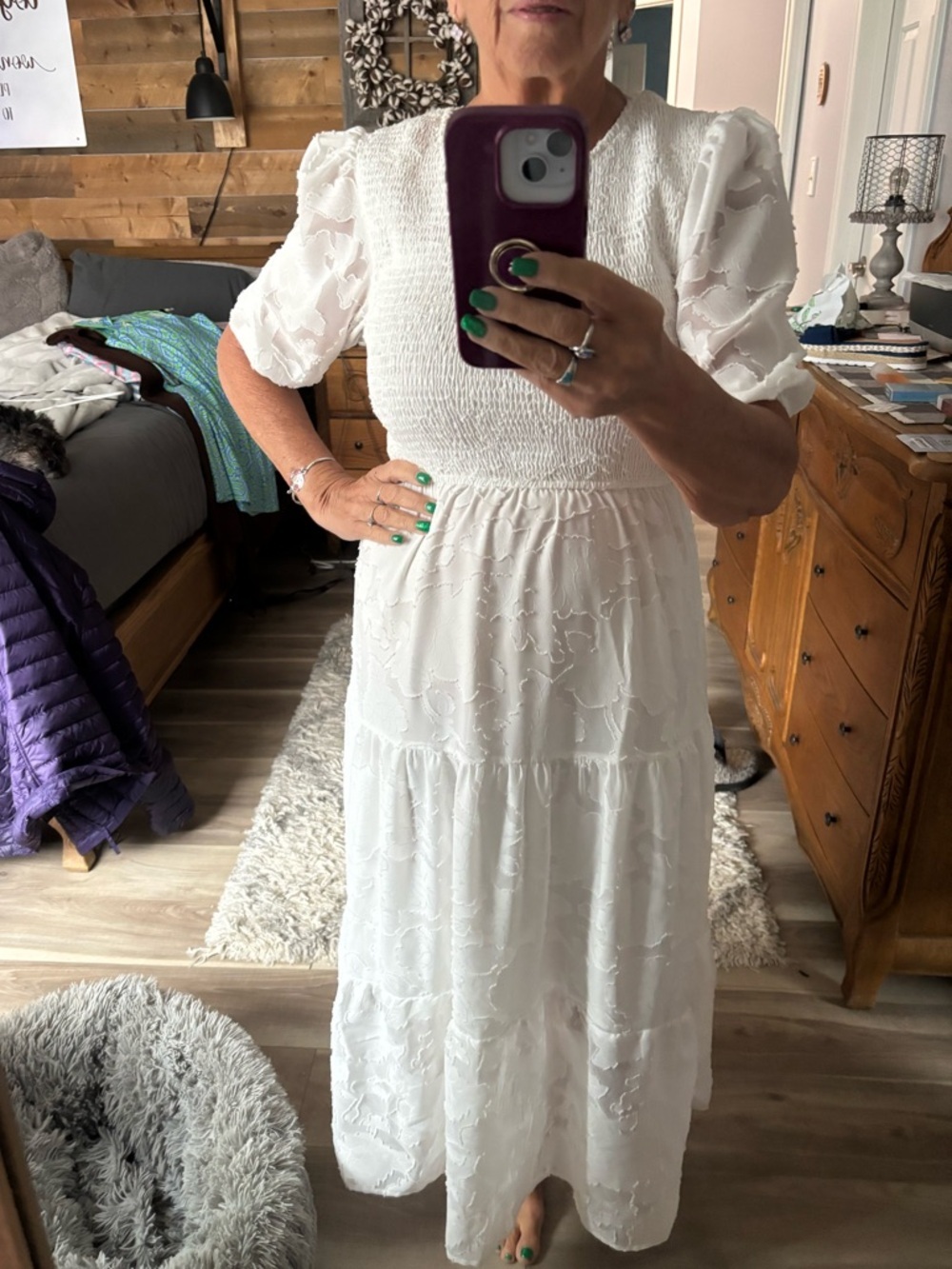 Merokeety White textured Maxi Dress with Puff Sleeves, smocked bodice sz Medium